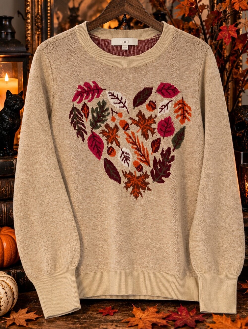 LOFT Fall Leaf Heart Sweater Women’s Medium Tan Autumn Pullover